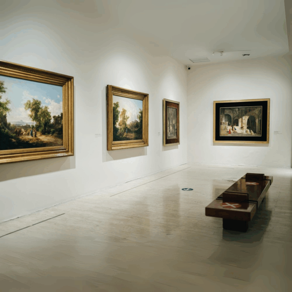 Innenraum einer Kunstgalerie mit hellen Wänden, mehreren gerahmten Gemälden an der Wand und einer schlichten Holzbank in der Mitte des Raumes.
